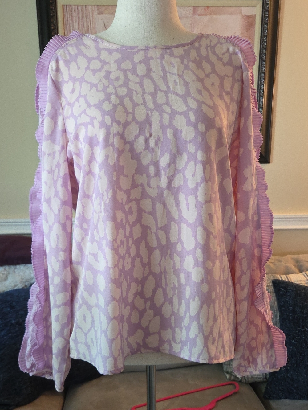 Fever Lilac and Cream Animal-Print Ruffle Sleeve Blouse